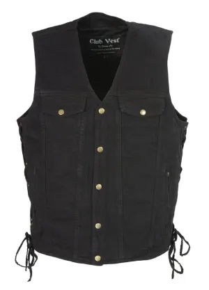 Club Vest CVM1360 Men's Classic Side Lace Black Denim Motorcycle Vest with Snap Buttons