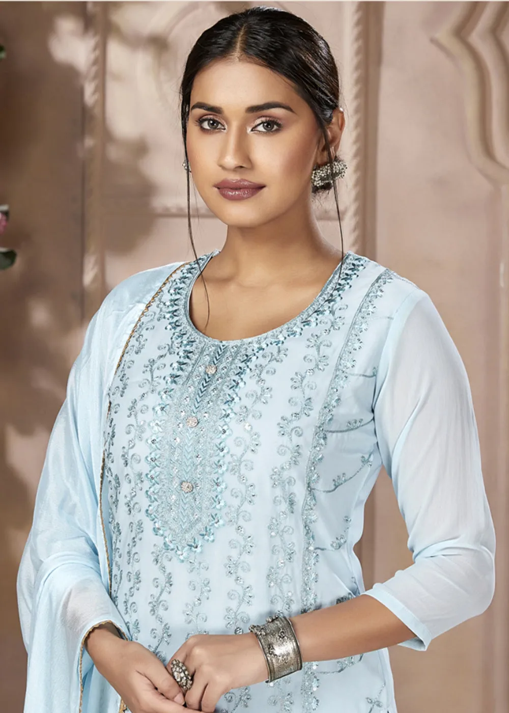 Festive Look Sky Blue Embroidered Pant Style Salwar Suit