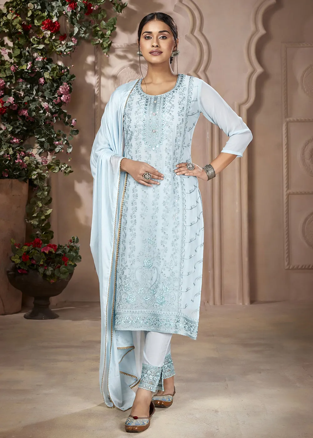 Festive Look Sky Blue Embroidered Pant Style Salwar Suit