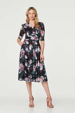 Floral Ruched Midi Tea Dress