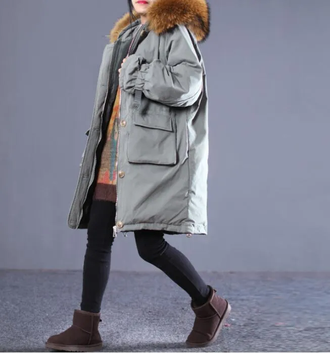 Large Fur Loose Plus size Side Pockets Hooded  Down Jacket Women Down Coats