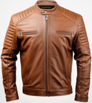 Men Classic Swiss Brown Cafe Racer Leather Jacket