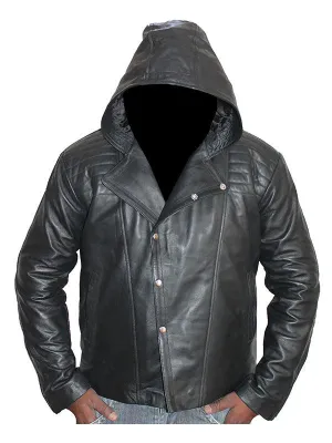 Men Mortal Style Hooded Leather Jacket - Black