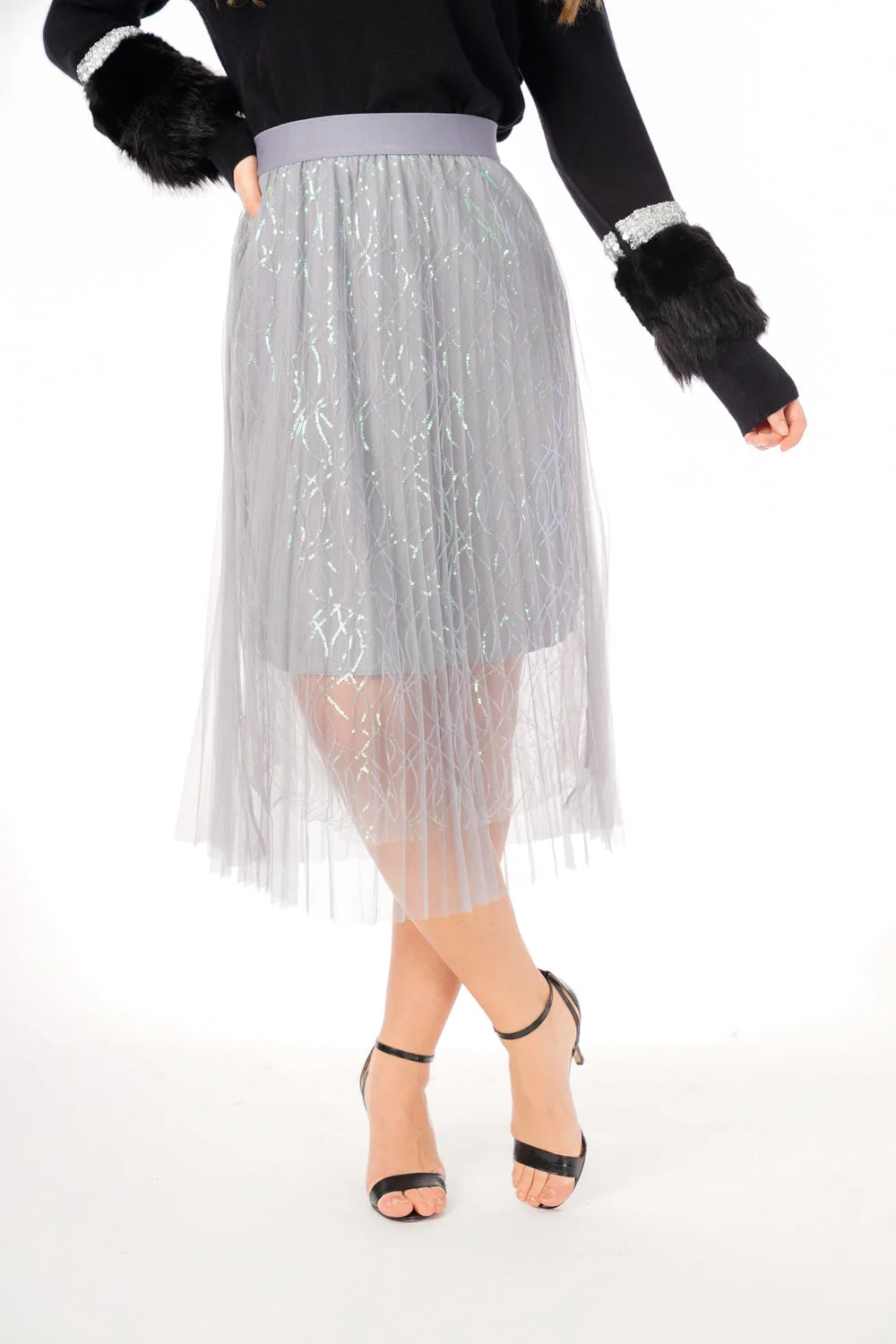 Pleated Mesh Midi Skirt with Wave Sequin