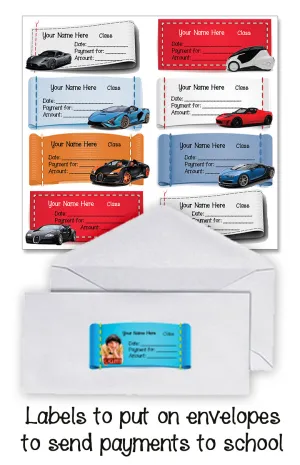 "Cool cars" payment waterproof school labels