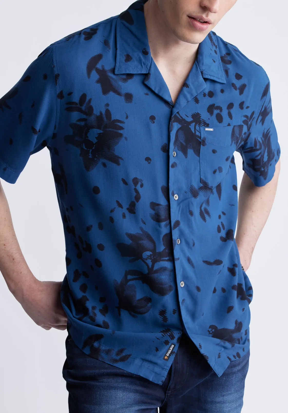 Sinzo Men's Short Sleeve Shirt, Blue with Black Print - BM24402