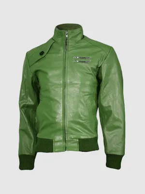 Size 4XL Green Leather Bomber Jacket for Men