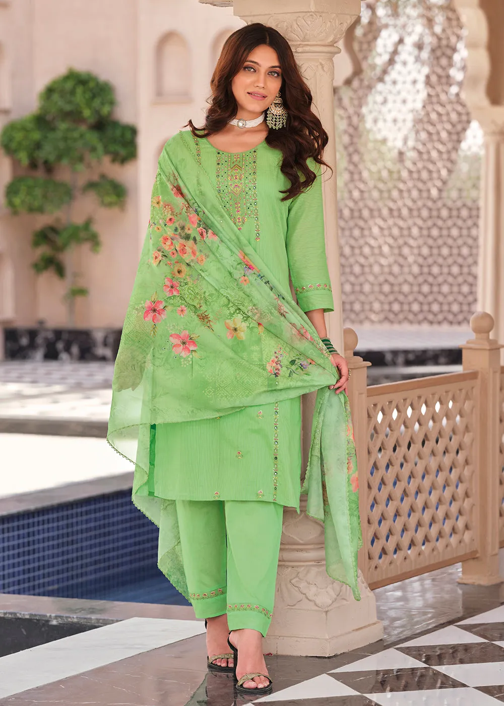 Superior Green Cotton Khatli Hand Work Casual Salwar Suit